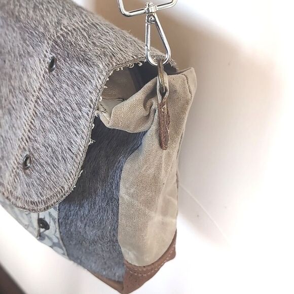 Myra Calf Hair/Canvas Distressed Crossbody Messenger Bag - Picture 6 of 16